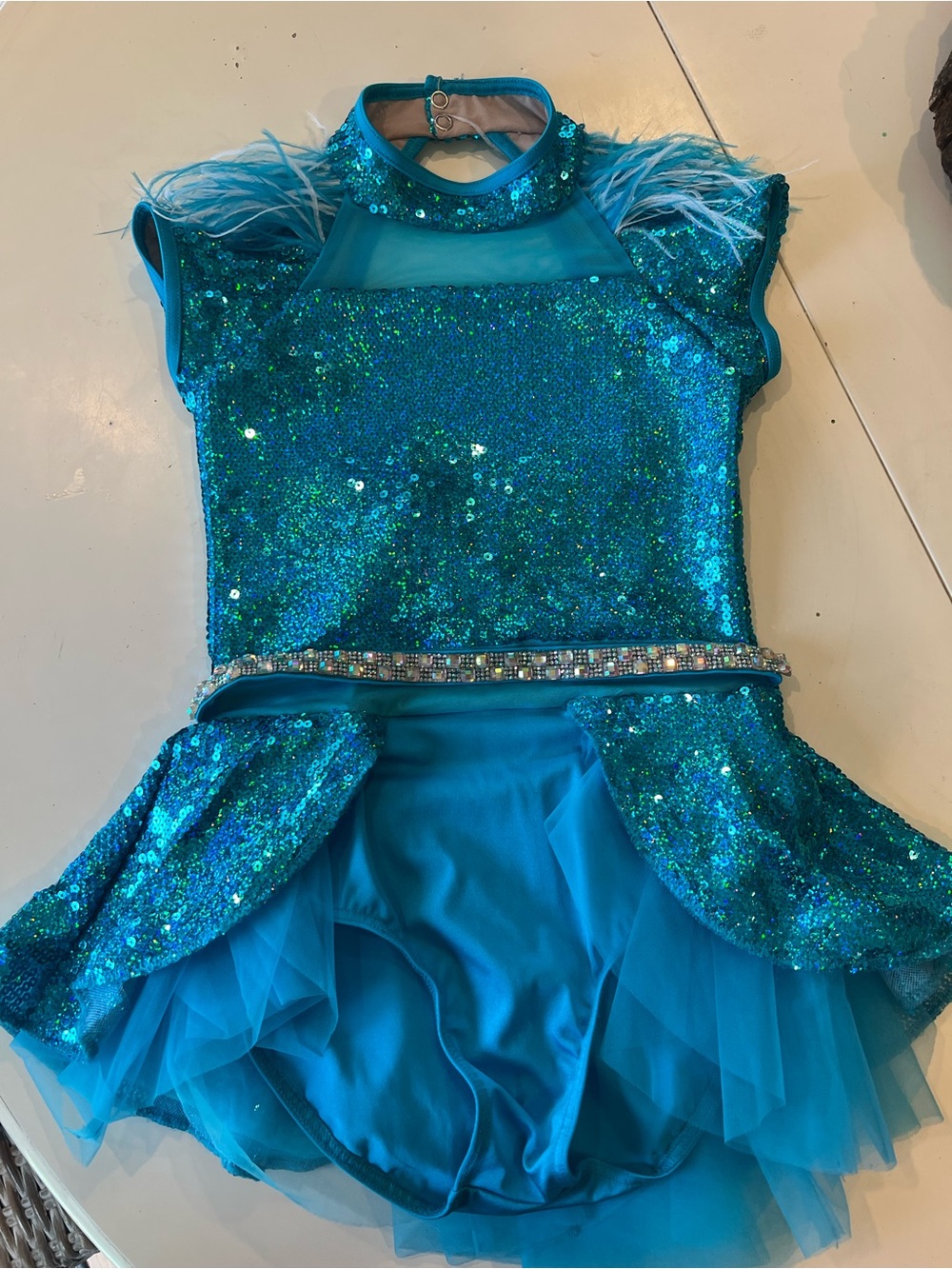 Weissman Teal Sequin Dance Costume with Feather Shoulders